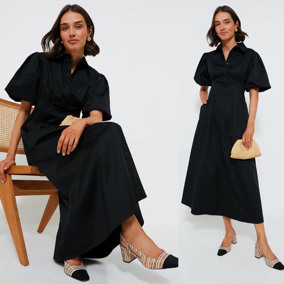 Tuckernuck Dresses & Skirts - Tuckernuck NEW Black Delaney Puff Sleeve Fit and Flare Cotton Maxi Dress Size L